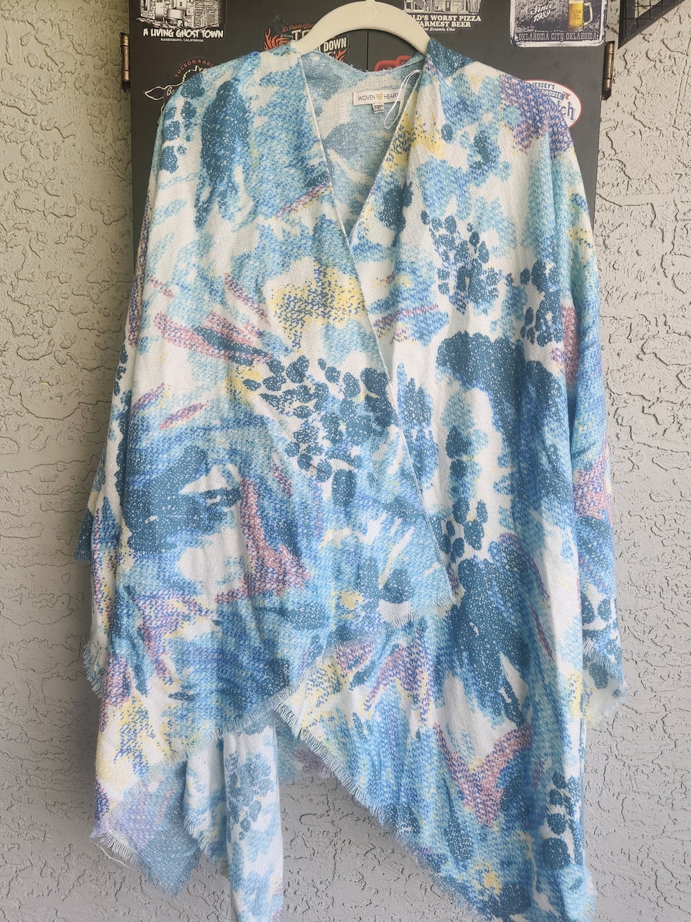 Woven Heart Blue Floral Print Shawl Wrap Poncho Fringe Hem Open Front One Size